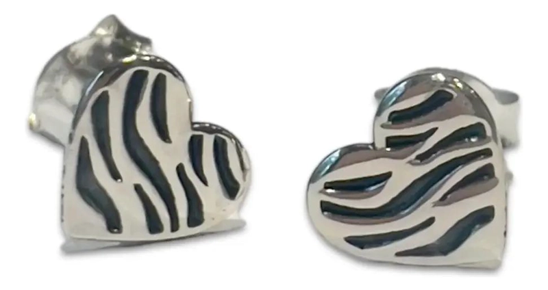 AROS DE CORAZON EN PLATA 925 CON DISEÑO DE CEBRA - 1
