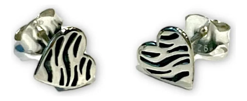 AROS DE CORAZON EN PLATA 925 CON DISEÑO DE CEBRA - 3