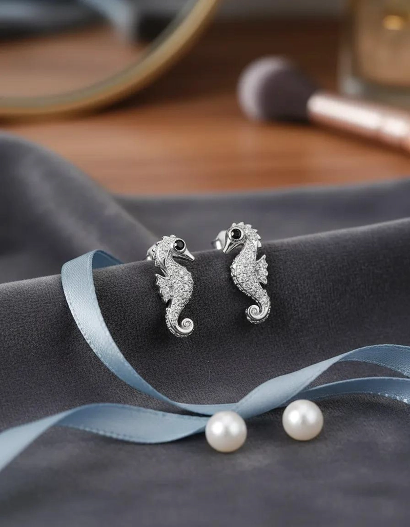 AROS DE PLATA 925 CON DISEÑO DE CABALLITOS DE MAR ELEGANTES - 2