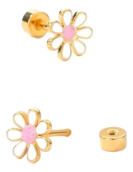 AROS DE FLOR PARA NIÑA CON TOPE SEGURO EN BAÑO DE ORO 18K - 1