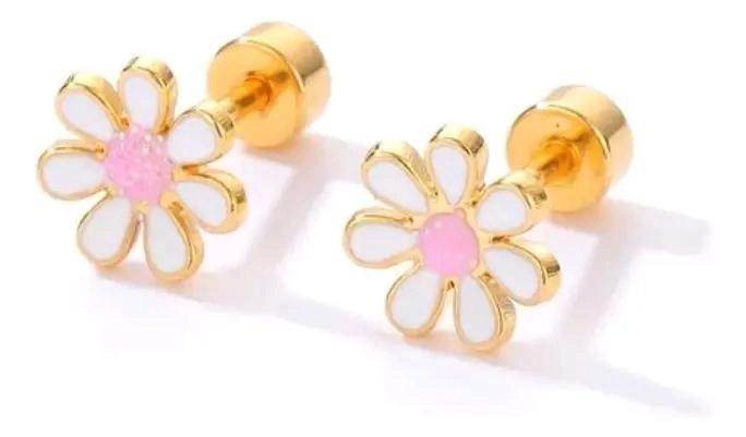 AROS DE FLOR PARA NIÑA CON TOPE SEGURO EN BAÑO DE ORO 18K - 3