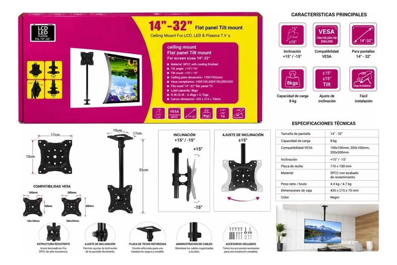 SOPORTE DE TECHO INCLINABLE PARA TELEVISORES DE 14 A 32 PULGADAS - 2