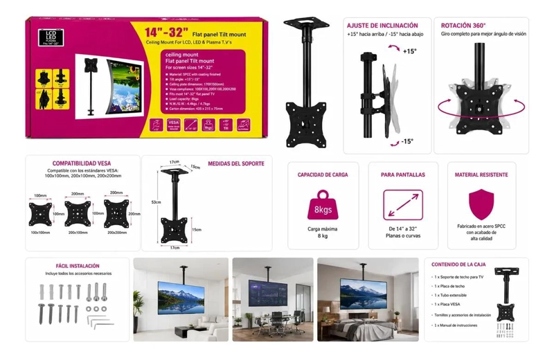 SOPORTE DE TECHO INCLINABLE PARA TELEVISORES DE 14 A 32 PULGADAS - 3