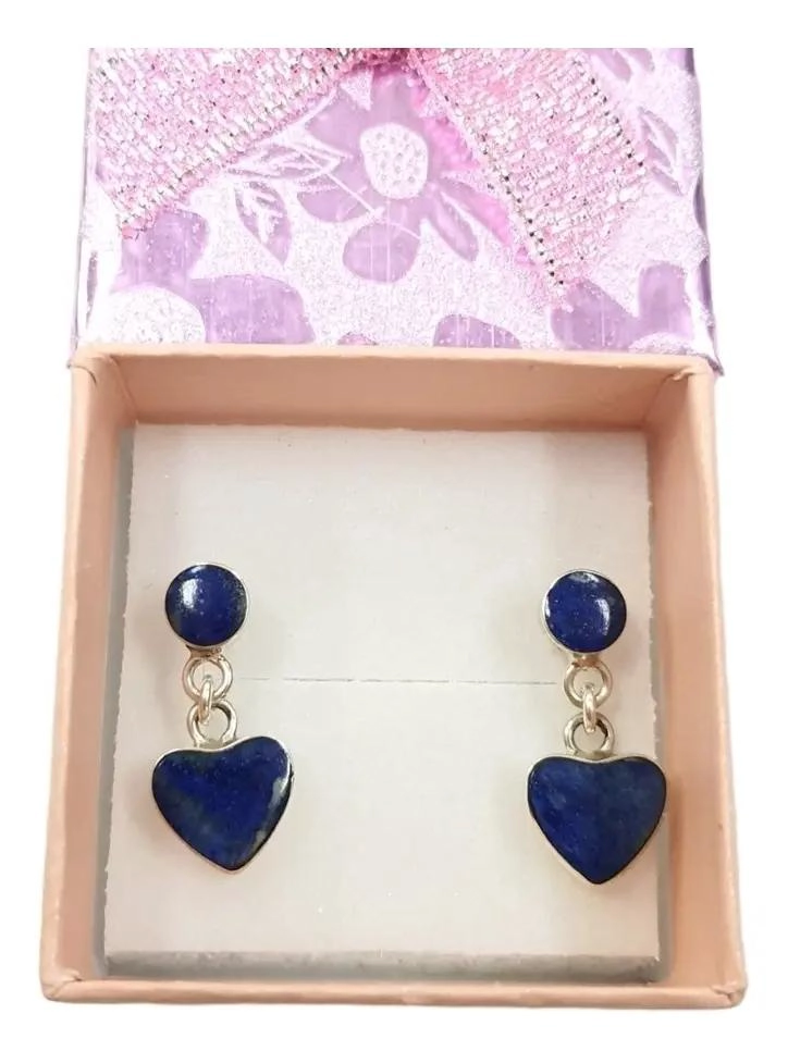 AROS DE PLATA 950 CON LAPISLAZULI EN FORMA DE CORAZON - 1