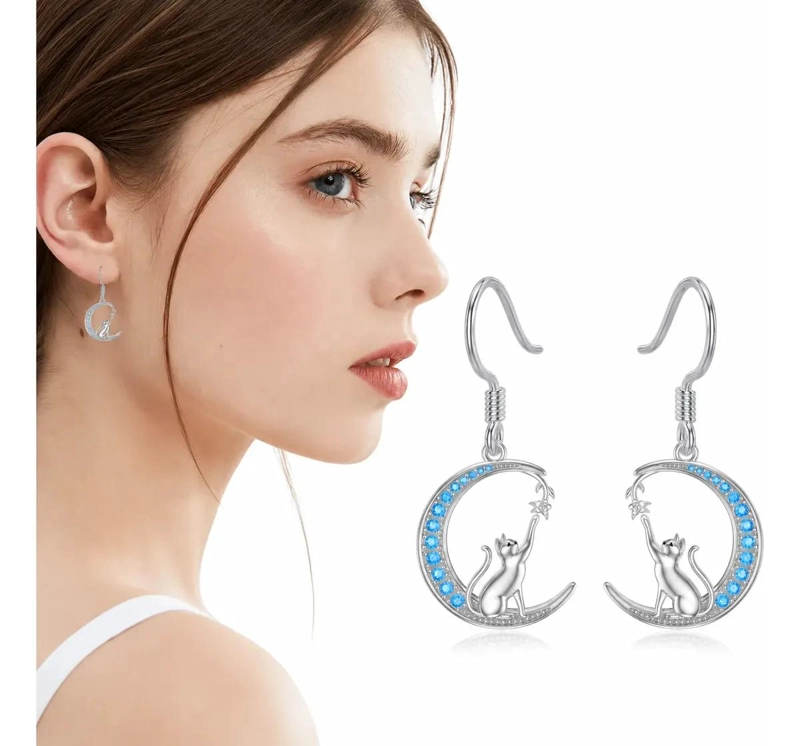 AROS COLGANTES DE GATO SOBRE LUNA EN PLATA 925 - 1