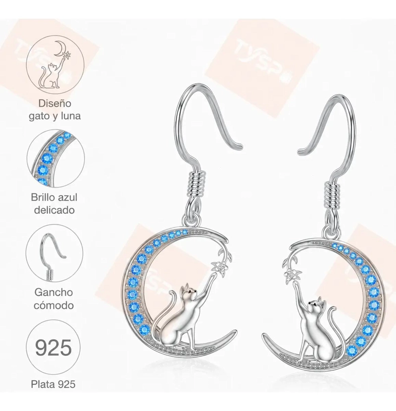 AROS COLGANTES DE GATO SOBRE LUNA EN PLATA 925 - 2