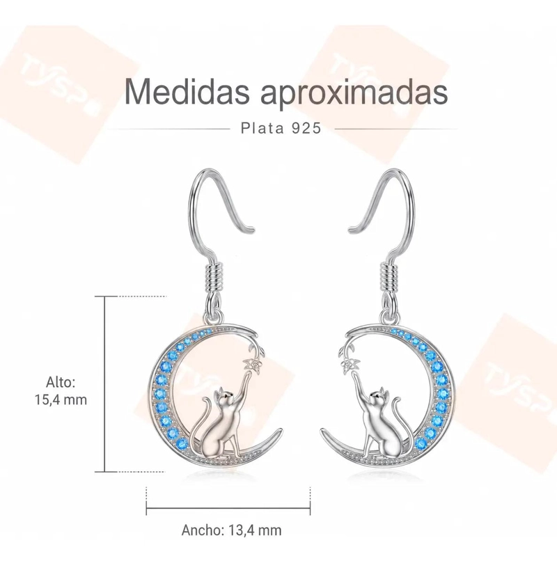 AROS COLGANTES DE GATO SOBRE LUNA EN PLATA 925 - 3