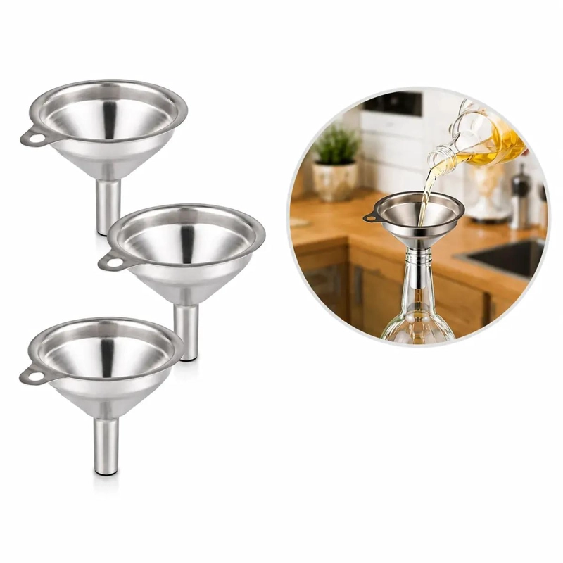 SET DE 3 EMBUDOS PEQUEÑOS DE ACERO INOXIDABLE PARA LIQUIDOS EN COCINA - 1