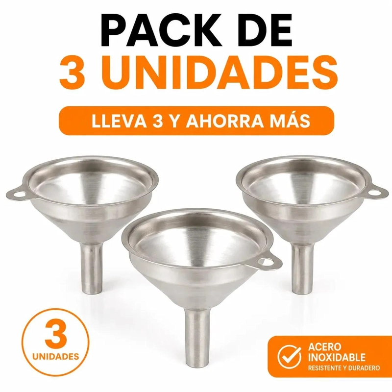 SET DE 3 EMBUDOS PEQUEÑOS DE ACERO INOXIDABLE PARA LIQUIDOS EN COCINA - 2
