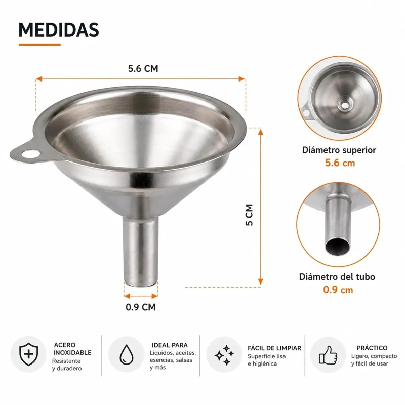 SET DE 3 EMBUDOS PEQUEÑOS DE ACERO INOXIDABLE PARA LIQUIDOS EN COCINA - 3