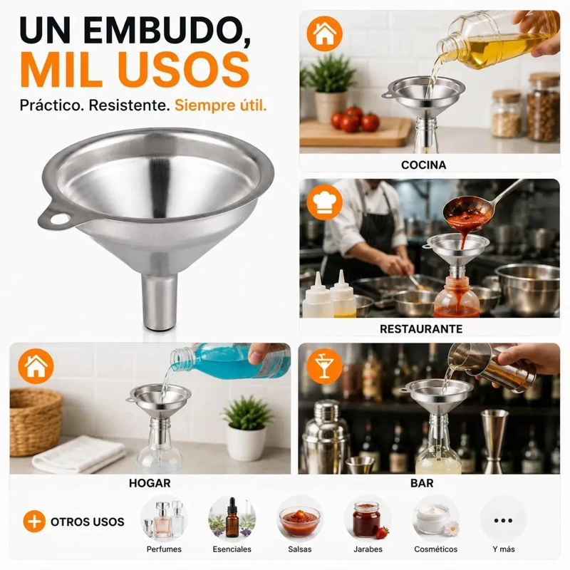SET DE 3 EMBUDOS PEQUEÑOS DE ACERO INOXIDABLE PARA LIQUIDOS EN COCINA - 4