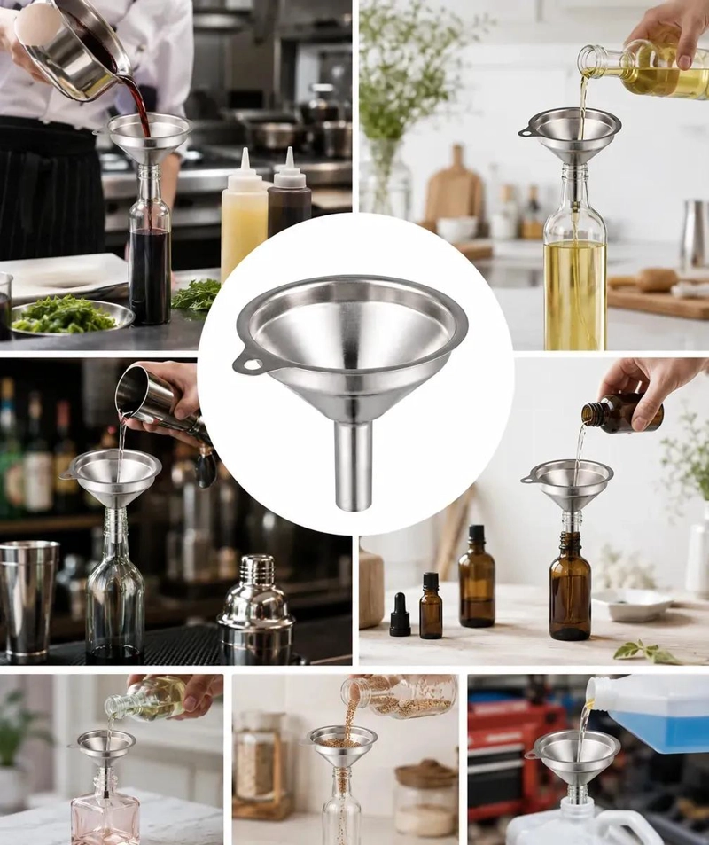 SET DE 3 EMBUDOS PEQUEÑOS DE ACERO INOXIDABLE PARA LIQUIDOS EN COCINA - 6
