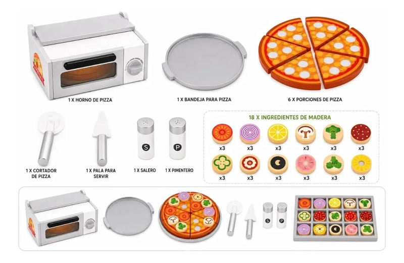 HORNO DE PIZZA DE MADERA CON 30 PIEZAS Y VELCRO - 10