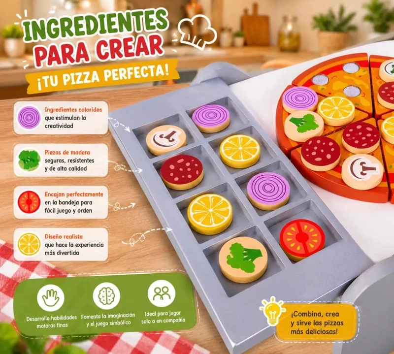HORNO DE PIZZA DE MADERA CON 30 PIEZAS Y VELCRO - 4