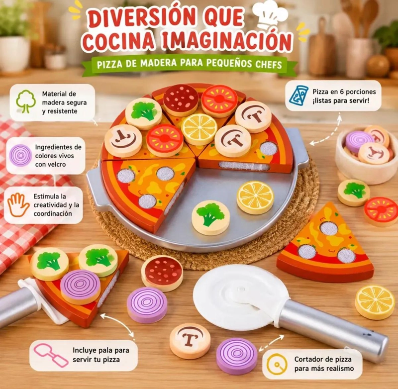 HORNO DE PIZZA DE MADERA CON 30 PIEZAS Y VELCRO - 8
