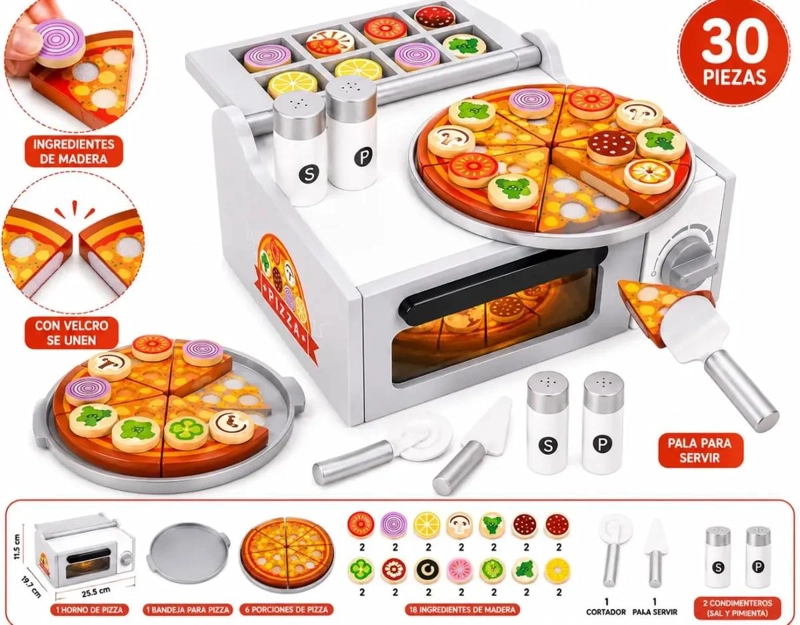 HORNO DE PIZZA DE MADERA CON 30 PIEZAS Y VELCRO - 9