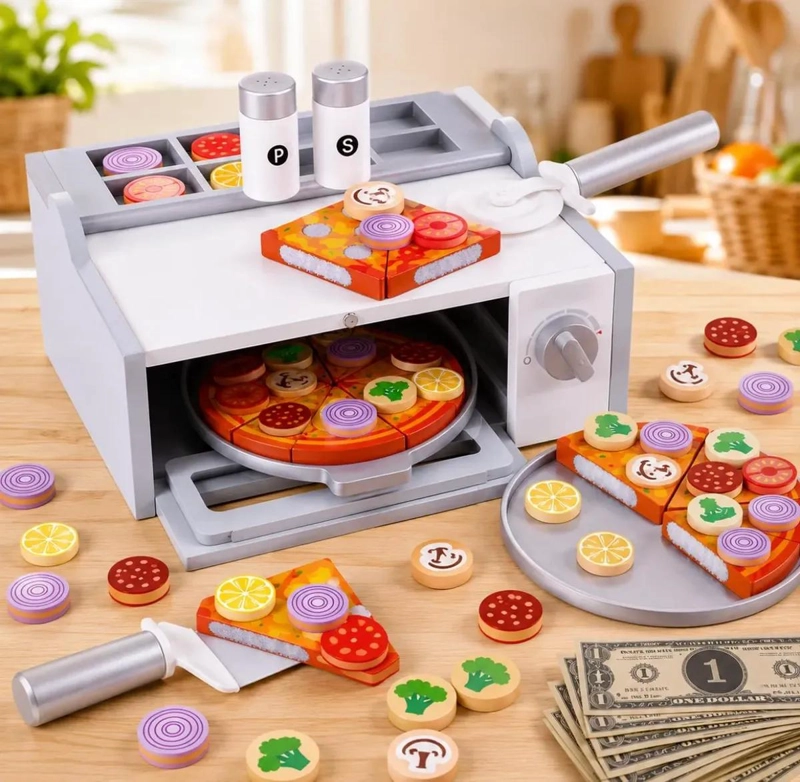 HORNO DE MADERA PARA JUGAR A LA PIZZA CON 30 ACCESORIOS - 1