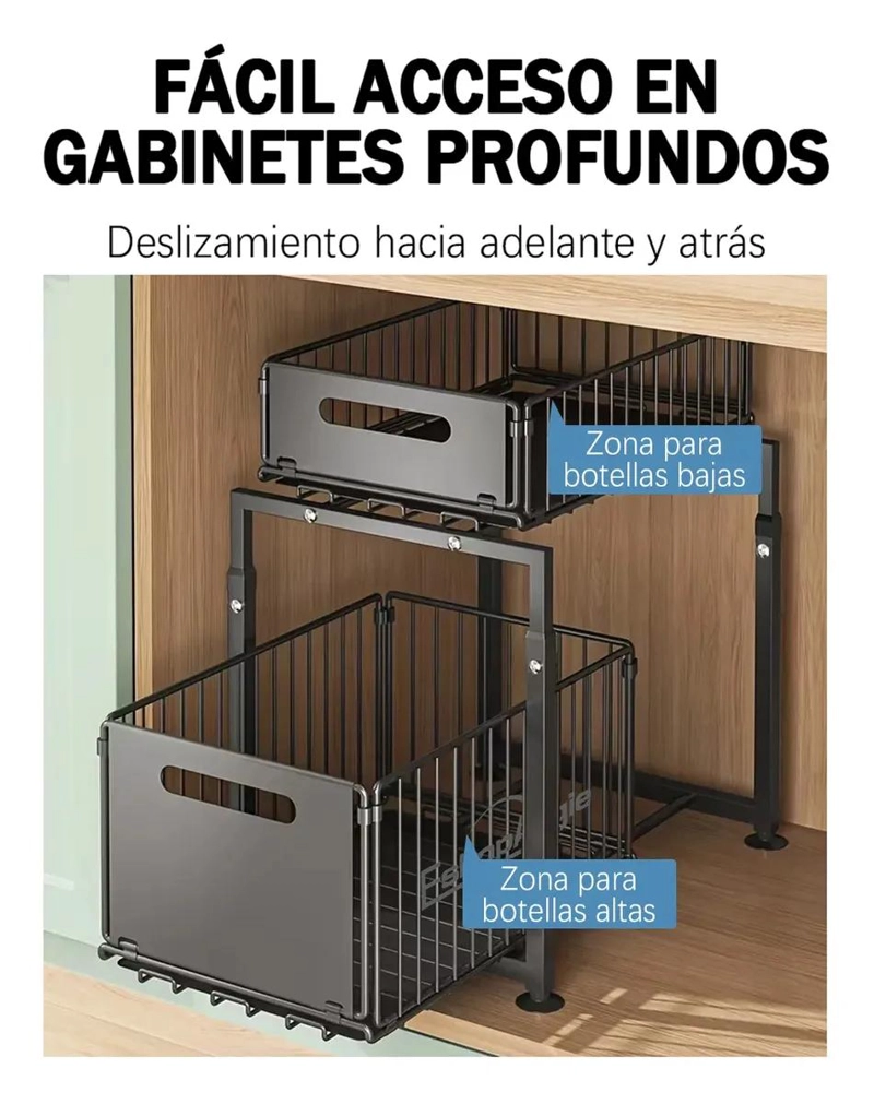 ESTANTE ORGANIZADOR DESLIZANTE DE 2 NIVELES PARA COCINA Y BAÑO - 4