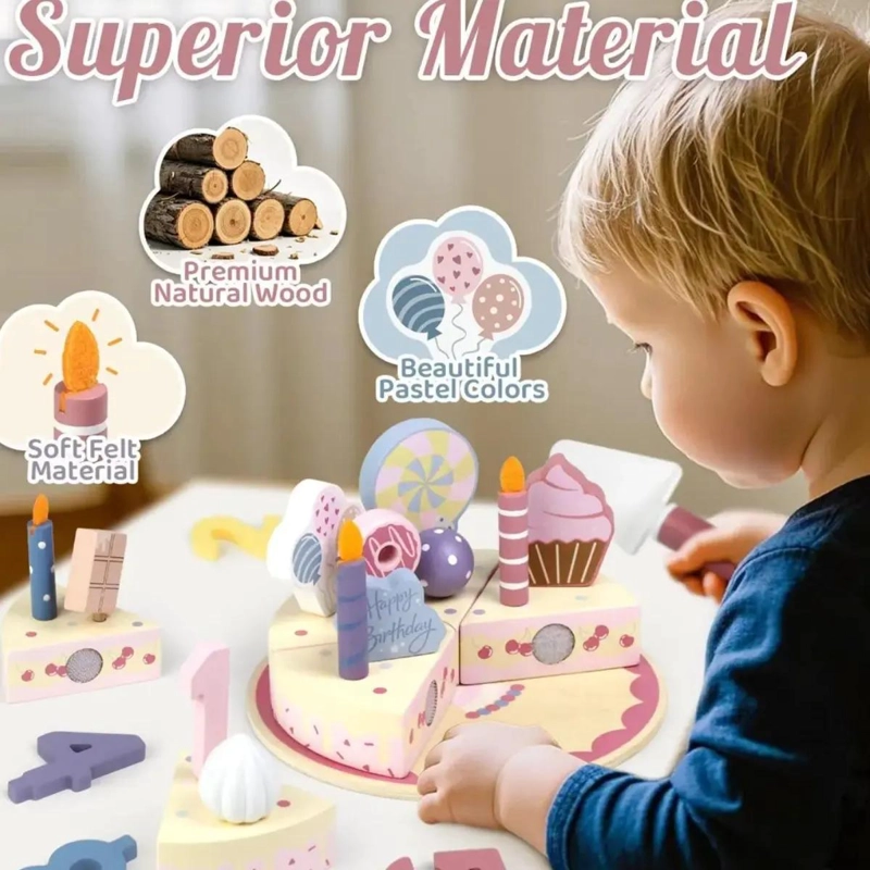 JUEGO DE TORTA DE CUMPLEAÑOS DE MADERA ROSADA PARA NIÑOS - 3