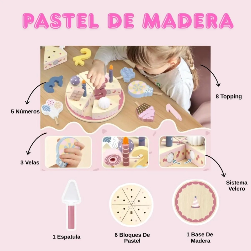 JUEGO DE TORTA DE CUMPLEAÑOS DE MADERA ROSADA PARA NIÑOS - 4