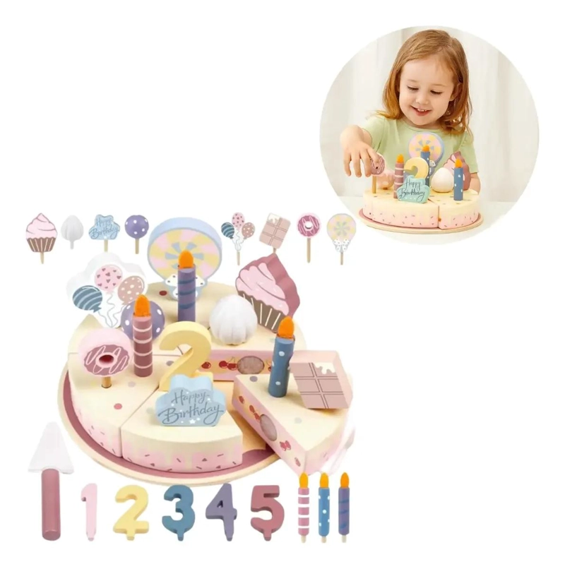 JUEGO DE TORTA DE CUMPLEAÑOS DE MADERA ROSADA PARA NIÑOS - 5