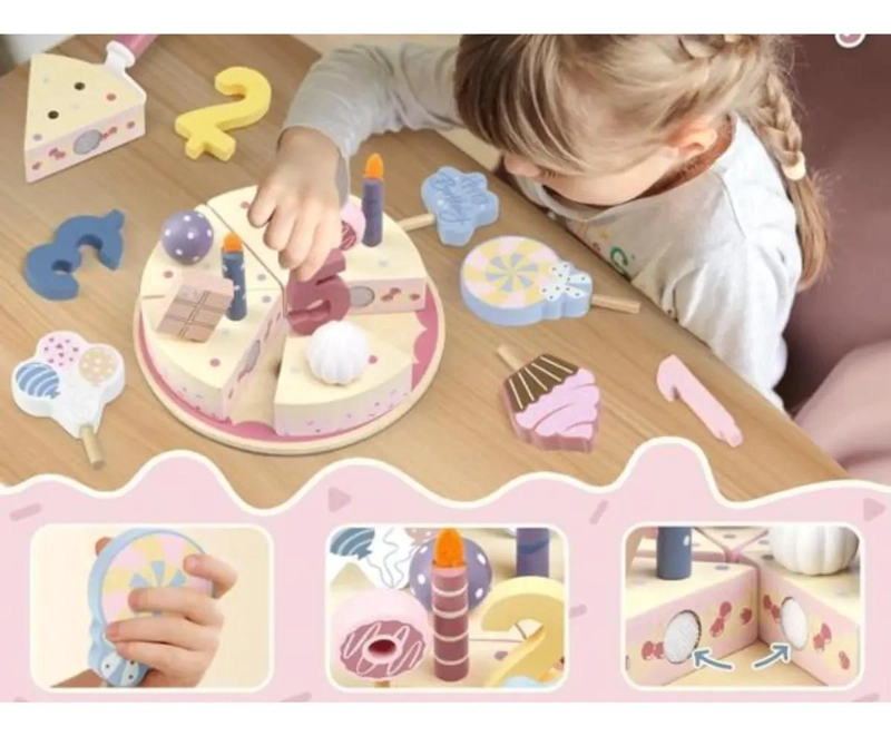 JUEGO DE TORTA DE CUMPLEAÑOS DE MADERA ROSADA PARA NIÑOS - 7