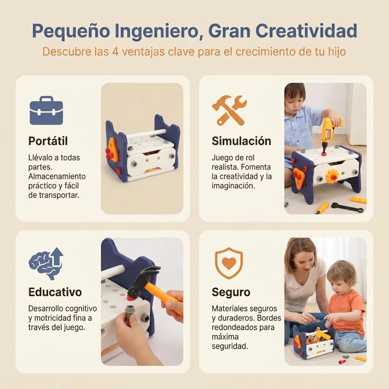 CAJA DE HERRAMIENTAS DE MADERA CON 56 ACCESORIOS PARA NIÑOS - 10