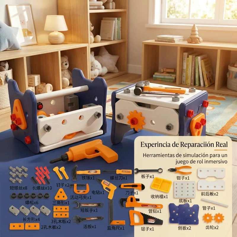 CAJA DE HERRAMIENTAS DE MADERA CON 56 ACCESORIOS PARA NIÑOS - 9