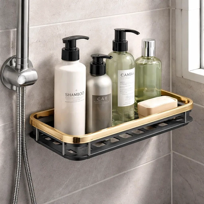 REPISA ORGANIZADOR DE BAÑO ALUMINIO NEGRO Y DORADO PACK 2 - 3