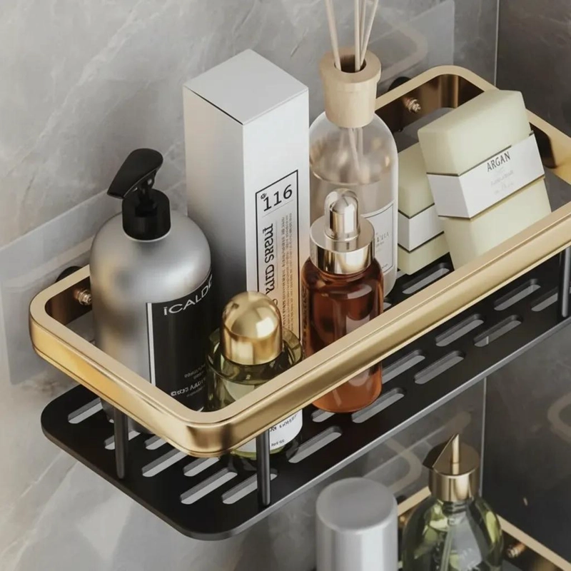 REPISA ORGANIZADOR DE BAÑO ALUMINIO NEGRO Y DORADO PACK 2 - 4