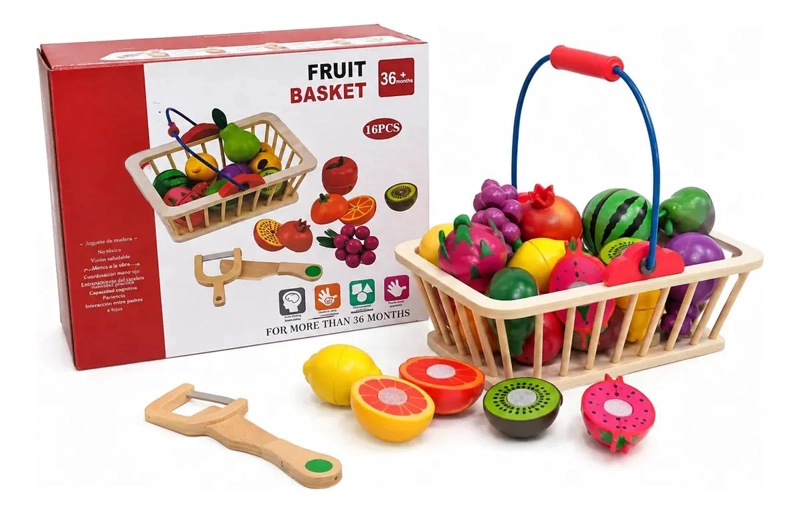JUEGO DIDACTICO DE FRUTAS DE MADERA CON CANASTO Y CUCHILLO - 1