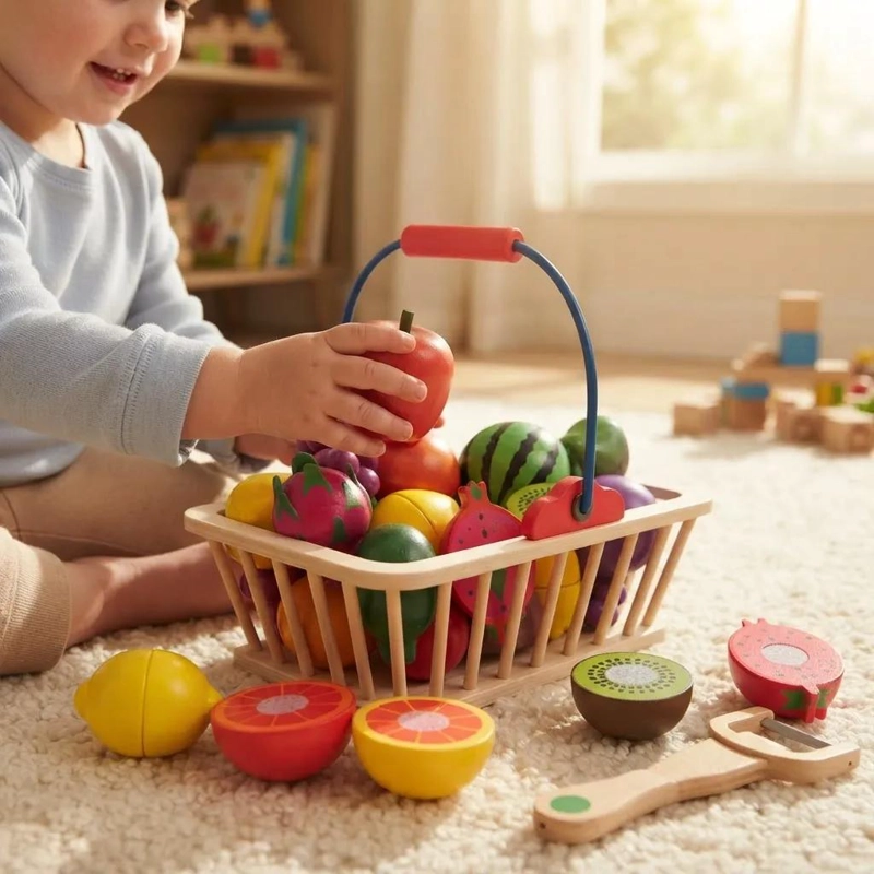 JUEGO DIDACTICO DE FRUTAS DE MADERA CON CANASTO Y CUCHILLO - 3