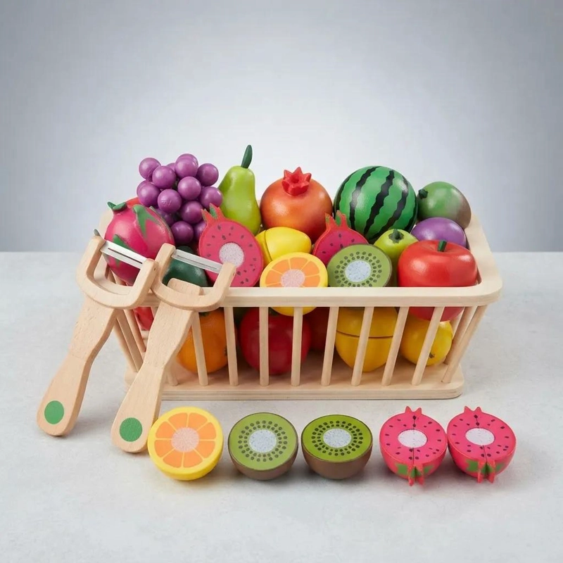 JUEGO DIDACTICO DE FRUTAS DE MADERA CON CANASTO Y CUCHILLO - 5