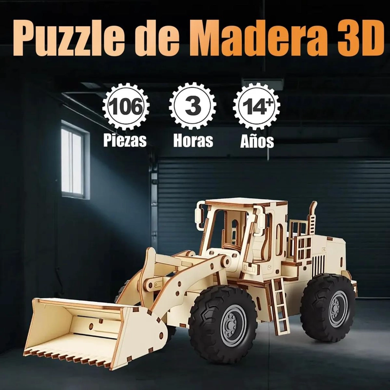PUZZLE 3D RETROEXCAVADORA ARMABLE DE MADERA CON MOTOR - 5