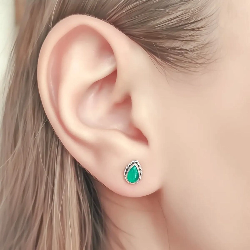 AROS GOTA ELEGANTES EN PLATA FINA 925 CON ONIX VERDE - 3