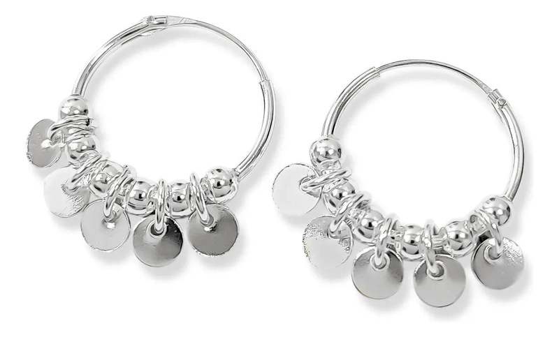 AROS DE PLATA FINA 925 CON DISEÑO DE MONEDAS Y BOLITAS - 2