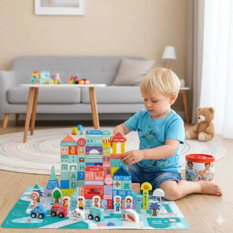 BLOQUES DE CONSTRUCCION DE MADERA 100 PIEZAS PARA NIÑOS - 1
