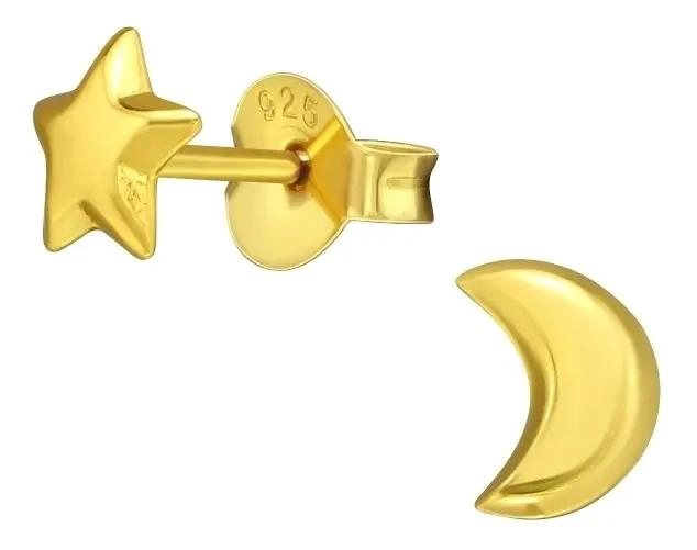 AROS LUNA Y ESTRELLA PEQUEÑOS EN PLATA CHAPADA EN ORO - 1