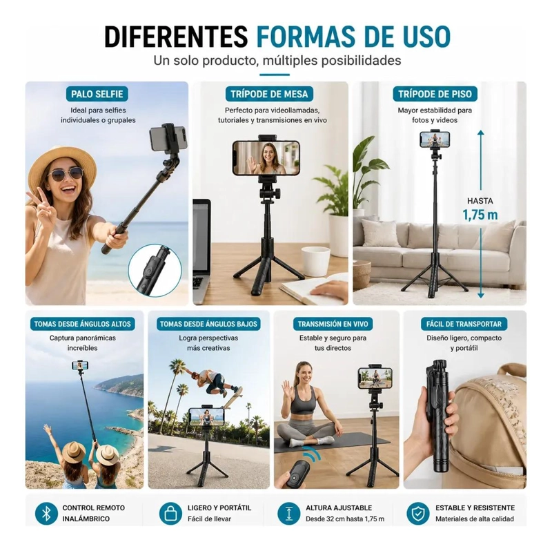 SOPORTE MULTIFUNCIONAL PARA TELE FONO CON TRIPODE Y CONTROL REMOTO - 6