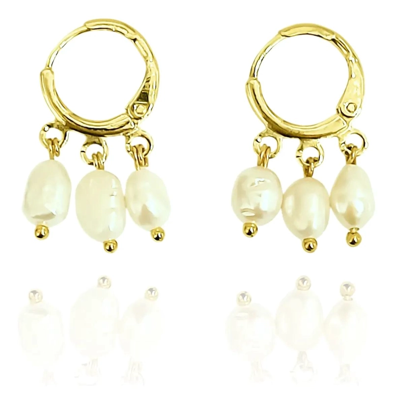 AROS DE ARGOLLA CON 3 PERLAS DE RIO NATURALES EN ORO 18K - 1
