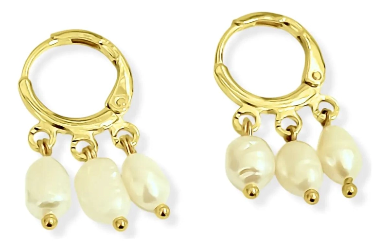 AROS DE ARGOLLA CON 3 PERLAS DE RIO NATURALES EN ORO 18K - 2