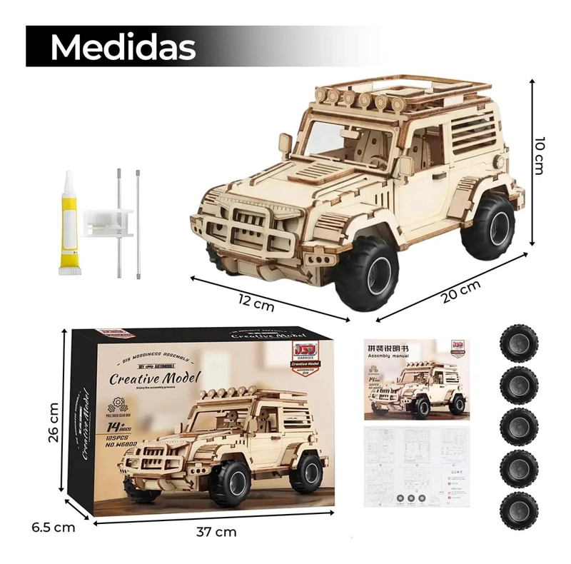 PUZZLE 3D JEEP ARMABLE MECANICO DE MADERA CON MOTOR PULL BACK - 2