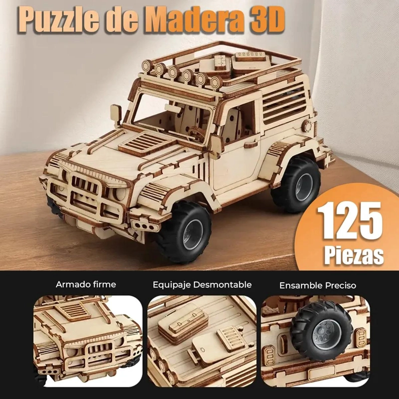 PUZZLE 3D JEEP ARMABLE MECANICO DE MADERA CON MOTOR PULL BACK - 4