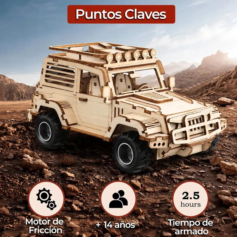 PUZZLE 3D JEEP ARMABLE MECANICO DE MADERA CON MOTOR PULL BACK - 7