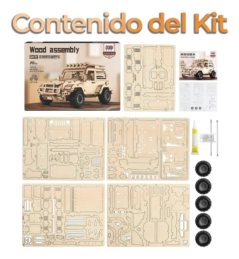 PUZZLE 3D JEEP ARMABLE MECANICO DE MADERA CON MOTOR PULL BACK - 9