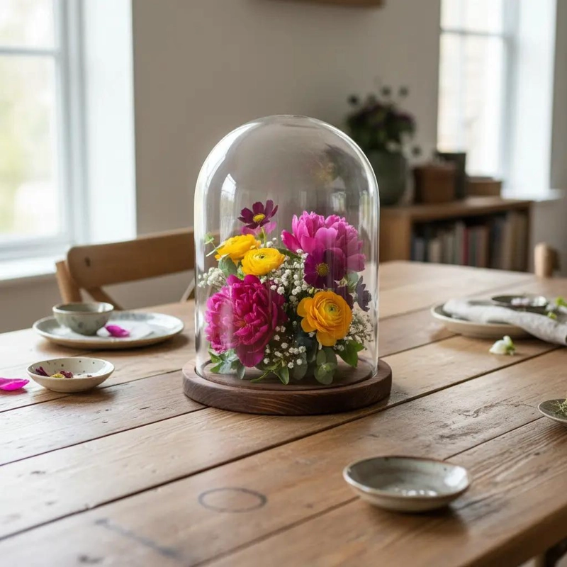 CUPULA DE CRISTAL CON BASE DE MADERA PARA DECORACION ELEGANTE - 10