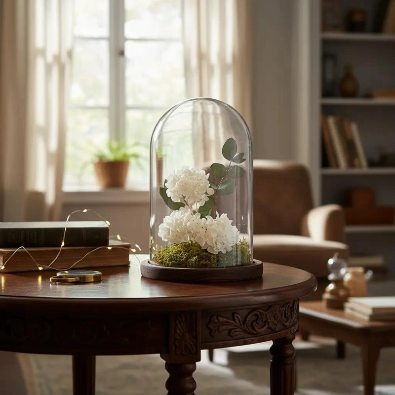 CUPULA DE CRISTAL CON BASE DE MADERA PARA DECORACION ELEGANTE - 4