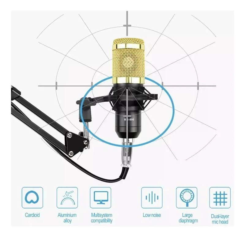 MICROFONO CONDENSADOR PROFESIONAL CON SOPORTE Y TARJETA DE SONIDO - 5