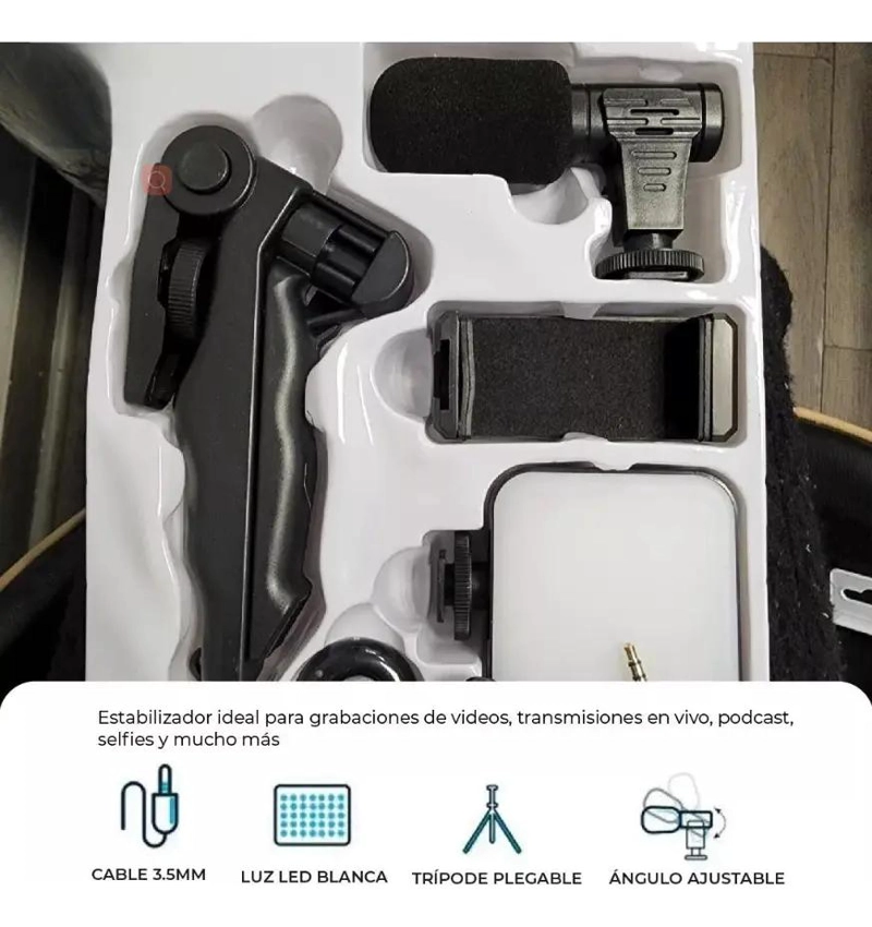 ESTABILIZADOR CELULAR CON TRIPODE, MICROFONO Y LUZ LED - 7