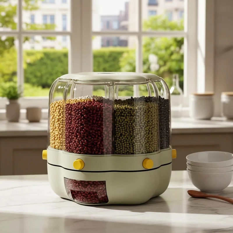 DISPENSADOR GIRATORIO DE ALIMENTOS CON COMPARTIMENTOS MULTIPLES - 1